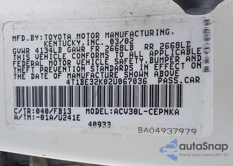 2002 Toyota Camry Le/Xle/Se z USA, uszkodzony, nr VIN 4T1BE32K02U067036